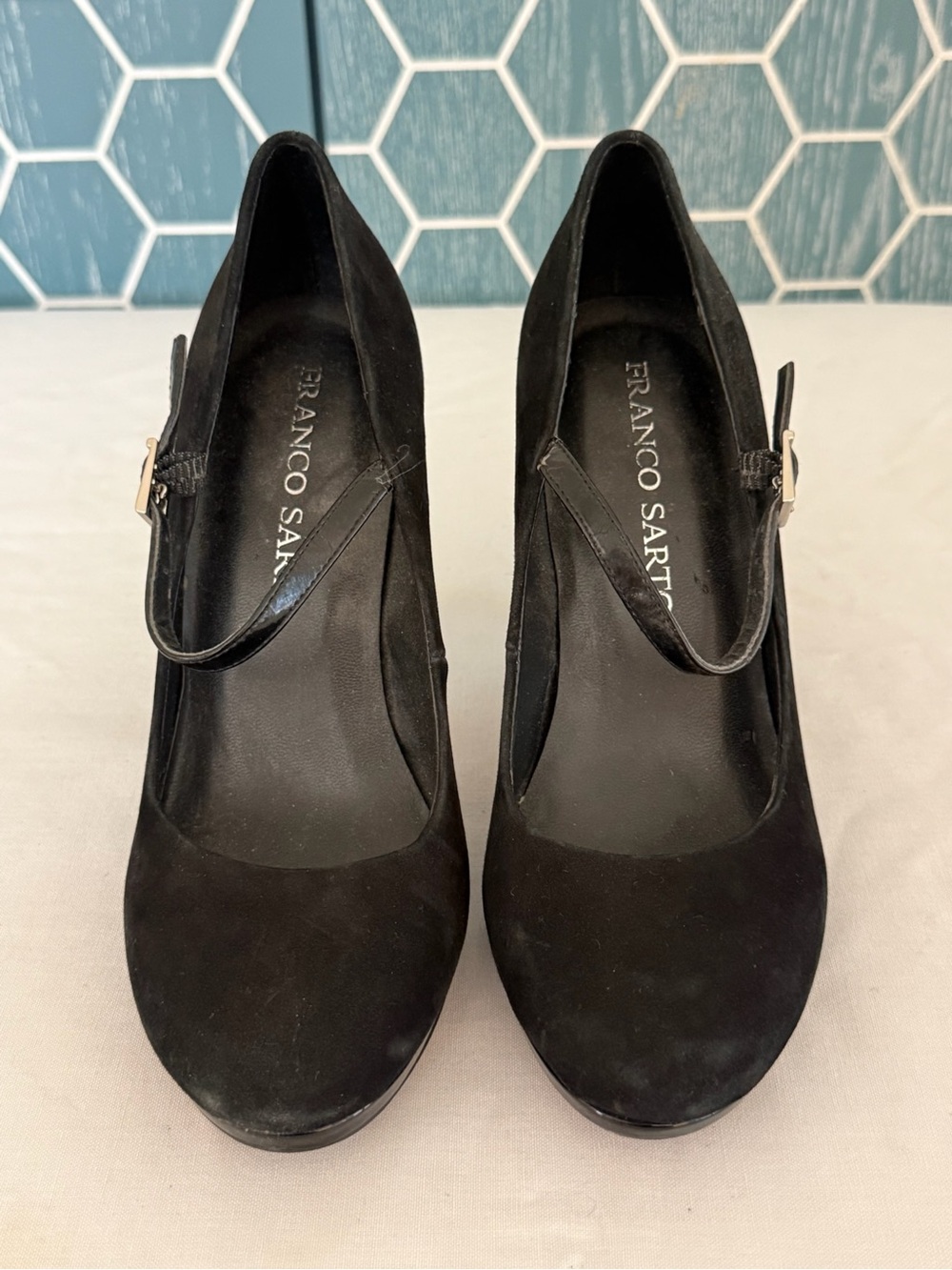 Franco Sarto Black Suede Mary Jane Heels with Ankle Strap